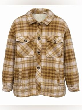 Aerie Womens Shacket Shirt Jacket Small Yellow Pink Plaid Flannel Sherpa Lined